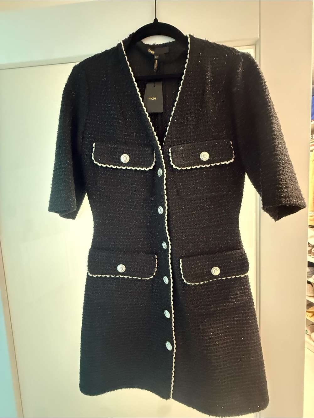 Maje Black Tweed Short-Sleeve Button Jacket with White Trim